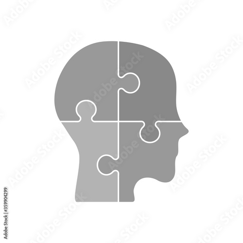 Head puzzle icon. Four jigsaw pieces. Human mind complexity. Gray shadows on white background. Mental health concept. Thinking, logic, knowledge, learning, memory. Vector illustration, flat, clip art