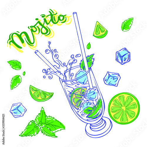 Mojito in a glass cube, spray, with pieces of lime and ice, color outline, hand drawn, vector illustration