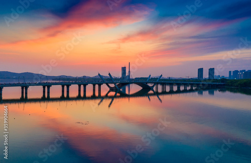 Dusk scenery of Li Lake bridge  Wuxi City  Jiangsu Province  China