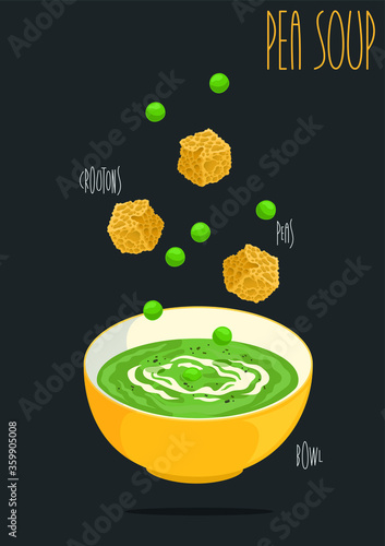 Cream soup with green fresh pea. Vector illustration