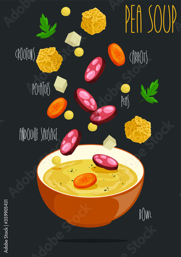 Pea soup in the bowl. Vector illustration