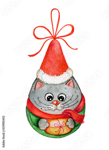 Christmas tree toy with painted cat. Watercolor illustration isolated on white. © Elena