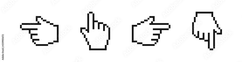 Hand finger cursor icon in pixel style. Flat vector set