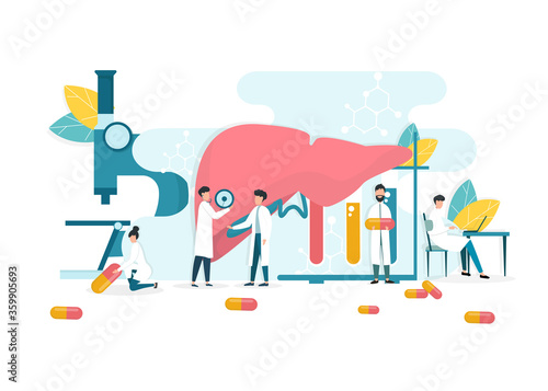 Hepatitis A, B, C, Treatment. Vector Illustration Of Doctors Treating Patient's Liver