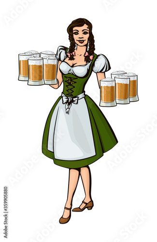 Young beautiful girl wearing Bavarian clothes is delivering beer mugs at Oktoberfest.