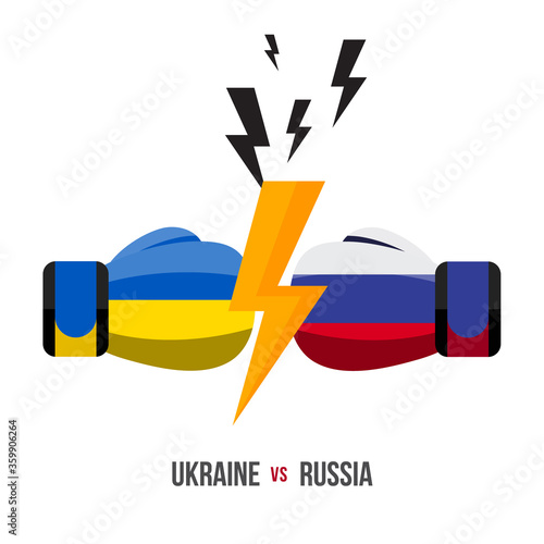 Ukraine vs Russia. Concept of sports match, trade war, fight or war on border between ukraine and russia. Vector illustration.