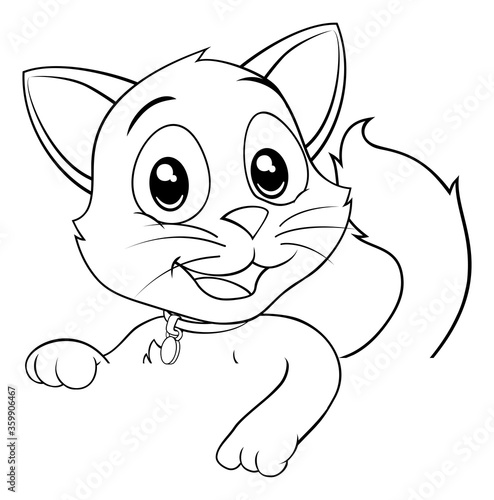 A cat cute cartoon kitten animal peeking around a sign in black and white outline like a kids coloring book page