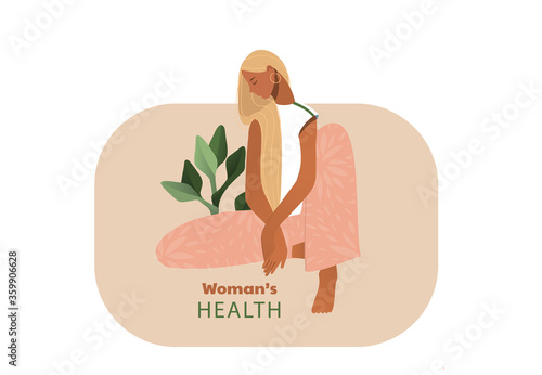Sad woman. Urinary incontinence, cystitis, involuntary urination woman vector illustration. Bladder problems. Menopause, women's health, genital infection, hygiene. Female problems