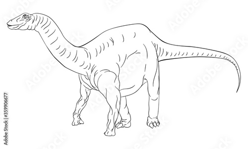 A dinosaur like a diplodocus, brontosaurus, supersaurus or brachiosaurus black and white outline cartoon like a kids coloring book page © Christos Georghiou