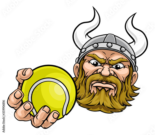 A viking tennis sports mascot cartoon character holding a ball