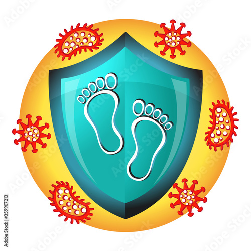 Foot nail fungus treatment flat icon. Protection of legs from fungal infection. Footprints protected from bacteria by medical shield. Concept hygiene, dermatological control of spread skin mycosis.