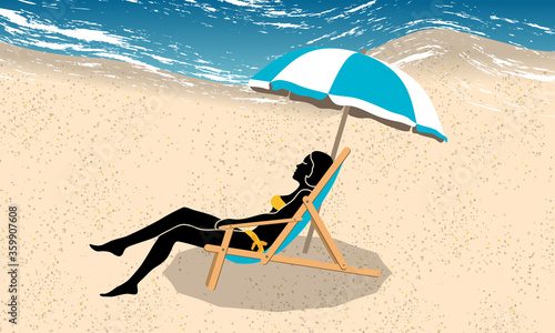 illustration d’une plage avec une silhouette noire de femme sous un parasol et allongée dans une chaise longue.
