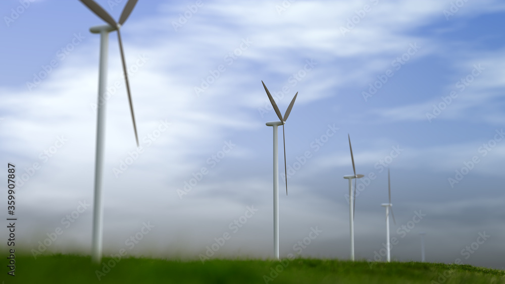 Power generation by wind turbines 3d render. Wind turbines on sea. Offshore windmill park. 3d rendering illustration Power generation by wind turbines 3d render. Wind turbines on sea. Offshore windmill park. 3d rendering illustration