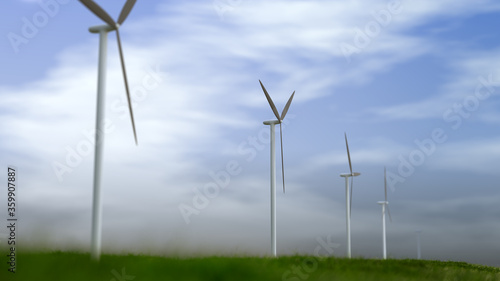 Power generation by wind turbines 3d render. Wind turbines on sea. Offshore windmill park. 3d rendering illustration © LukVFX
