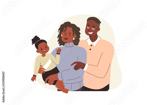 Happy Family Standing Together. Woman Holding Baby, Man Hugging them. People Characters Mother, Father and Kid Family Portrait. Parenting concept. Flat Cartoon Vector Illustration.