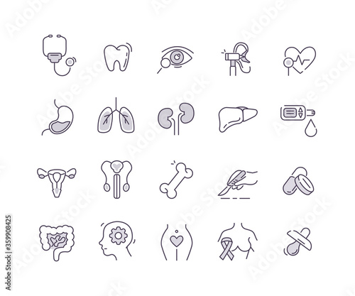 Family Medicine, Ophthalmology, Surgery, Pharmacy and other Medical Specialties Symbols. Different Internal Human Organs Signs. Medical Concept. Flat Line Vector Illustration and Icons set.