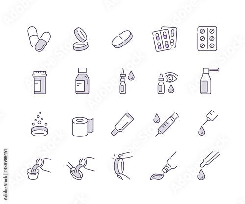 Different Pills, Tablets, Bottles and other Pharmacy Stuff Symbols. Nose Drops,  Throat Spray and Ointment Tube Signs. Medical Concept. Flat Line Vector Illustration and Icons set.
