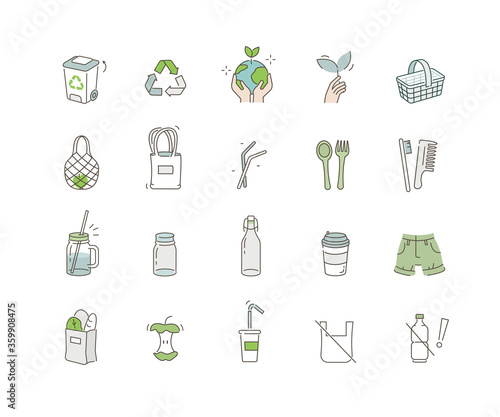 Zero Waste, No Plastic and Eco Friendly Lifestyle Icons. Glass Jars, Eco Bag, Wooden Brush, Second Hand Clothes and other Reusable and Recycle Items. Go Green. Flat Line Cartoon Vector Illustration.