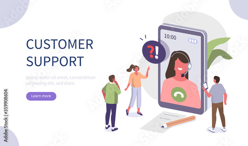 People Characters talking with Customer Support. Woman and Man Ask Questions and receive Answers. Online Support Call center. Frequently Asked Questions Concept. Flat isometric Vector Illustration.