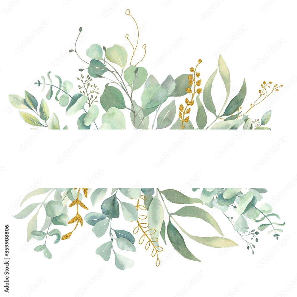 Watercolor hand painted frame with green and gold leaves.Watercolor ...