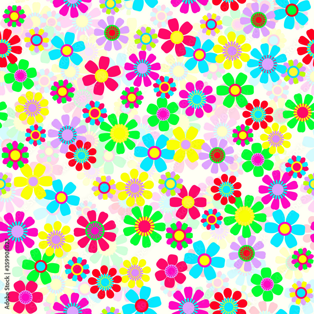 Positive bright colorful flowers. Simple style pattern for fun emotion.
