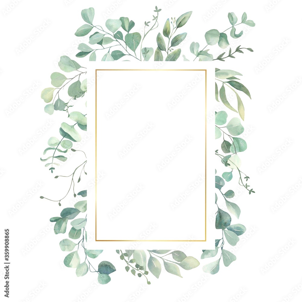Watercolor hand painted frame with green and gold leaves.Watercolor ...