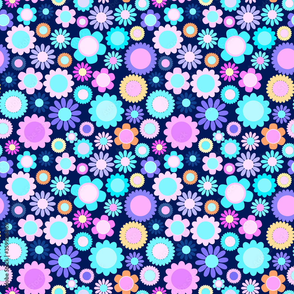Positive bright colorful flowers. Simple style pattern for fun emotion.