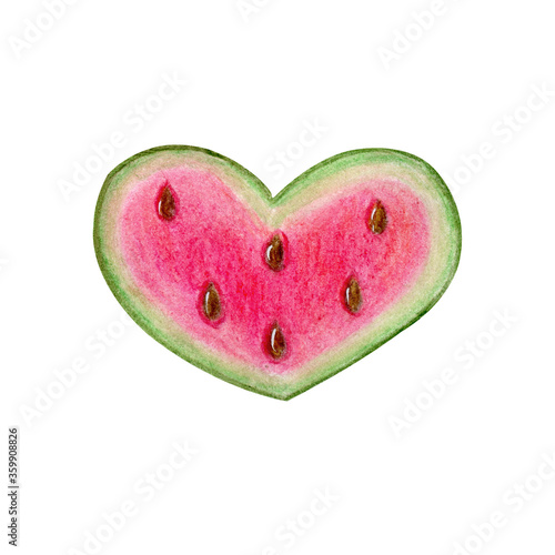 Watermelon slice in shape of heart isolated on white background. Watercolor hand drawn illustration in cartoon realistic style. Hello summer concept, ripe fresh fruit with seeds, love, gift, party.