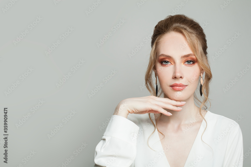 Young woman with healthy clear skin on white background portrait Stock  Photo