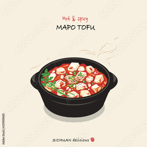 Hand drawn Mapo tofu illustration  the most popular Chinese spicy dish from Sichuan. clear and High contrast color of spicy food illustration. isolated Mapo tofu delicious in a black pot.