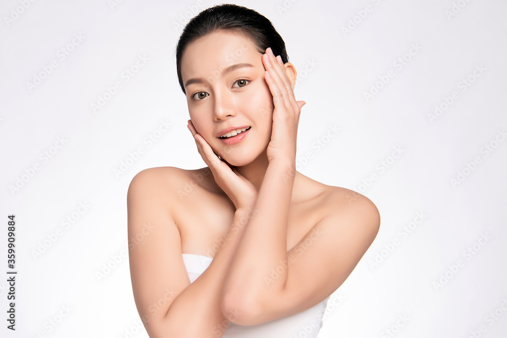 Beautiful Young asian Woman touching her clean face with fresh Healthy Skin, isolated on white background, Beauty Cosmetics and Facial treatment Concept Beautiful Young asian Woman touching her clean face with fresh Healthy Skin, isolated on white background, Beauty Cosmetics and Facial treatment Concept