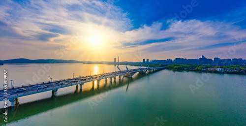 Dusk scenery of Li Lake bridge  Wuxi City  Jiangsu Province  China