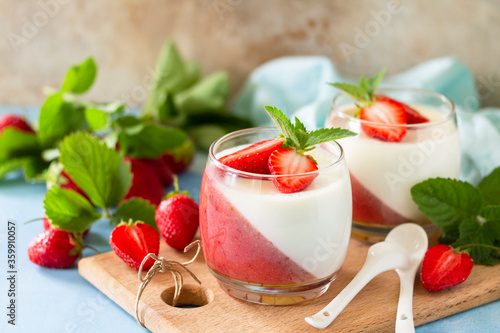 Panna Cotta with jelly strawberries, Italian dessert, home cooking. photo