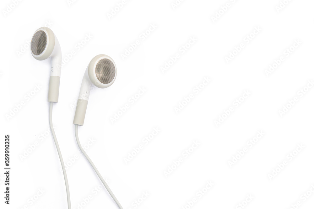 white earphones isolated on white background with clipping path, copy space. white earphones isolated on white background with clipping path, copy space.