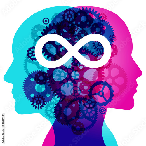 A Male and Female side silhouette profile overlaid with various semi-transparent Machine Gears shapes. Centre placed is a white “Infinity” symbol.