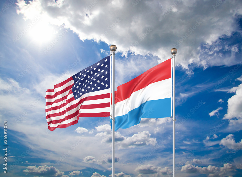 Realistic 3D Illustration. USA and Luxembourg. Waving flags of America and Luxembourg.