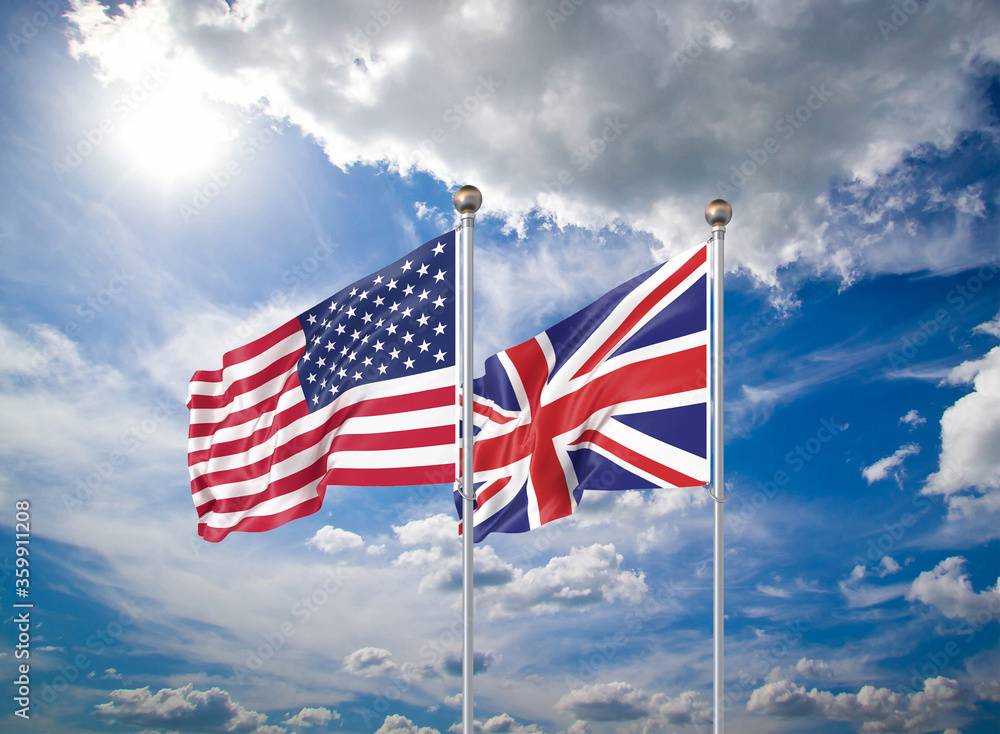 Realistic 3D Illustration. USA and UK. Waving flags of America and United Kingdom.