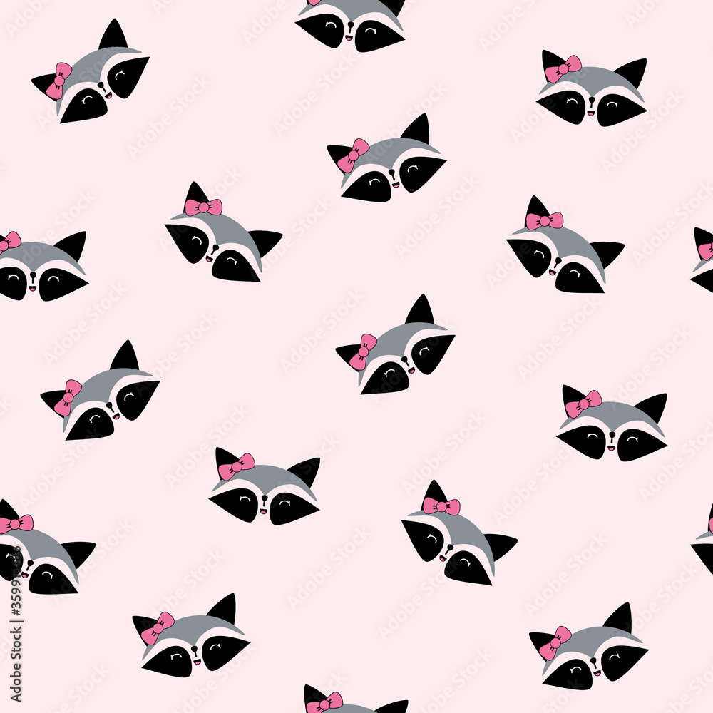 Seamless pattern with cute raccoons. Cute coon faces with bows on pink background. Children's cartoon background for girls. vector illustration. EPS 10.
