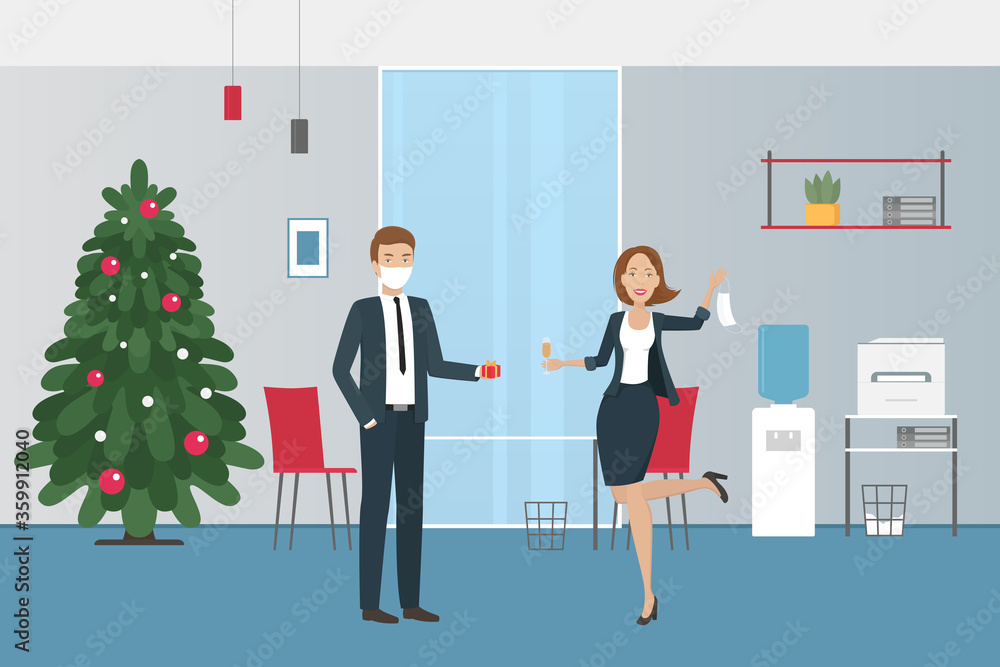 Christmas celebration in office during pandemic. Vector illustration. Christmas celebration in office during pandemic. Vector illustration.