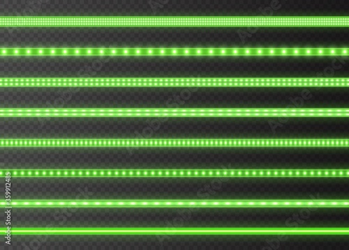 Green LED strips collection, bright luminous ribbons isolated on a transparent background. Realistic neon lights, illuminated decoration tapes set. Vector illustration.