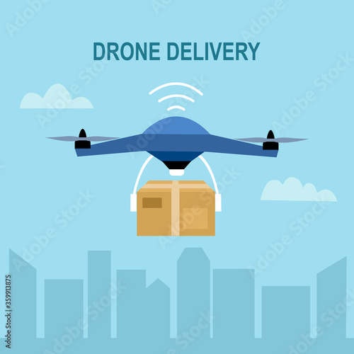 Drone delivery concept vector illustration. Remote air drone with a box flying in the sky. Modern express delivery of package by flying drone in flat design.
