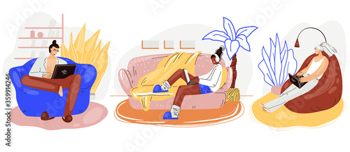 Freelance people work in comfortable cozy armchairs set vector flat illustration. Freelancer multiracial character working from home at relaxed pace. Man and woman self employed concept