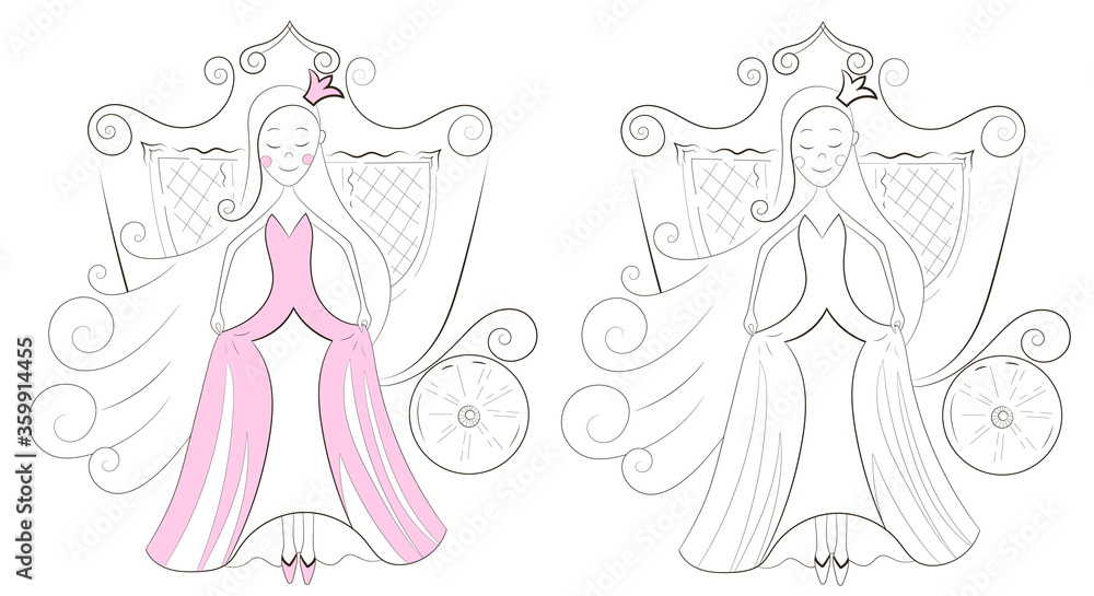 Vector character. Proud princess on the background of a carriage.