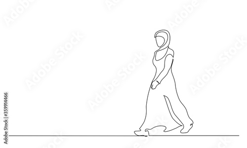 Muslim hijab strong woman walking. Continuous one line drawing.