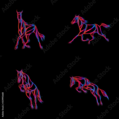 Running horses. Set of creative silhouettes. Abstract clipart