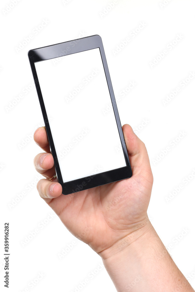 Close up of young man arm with modern cellphone isolated on white background
