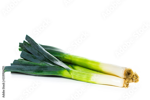 Leek Green Onion Isolated on White Background. Selective focus.