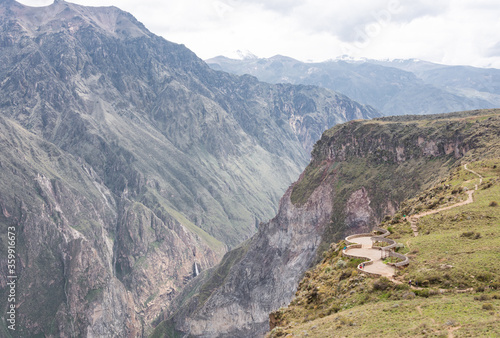 Idyllic scenery of Colca Canyon with beautiful rocky mountains and Cruz del Condor viewpoint near Arequipa  Peru