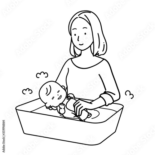 Illustration of a woman taking a baby bath.