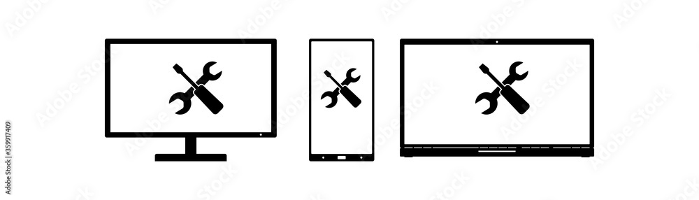 Icon set Laptop, phone, monitor, computer with screwdriver and wrench. The concept of electronics repair for services, companies, advertising. Isolated on a white background. Vector